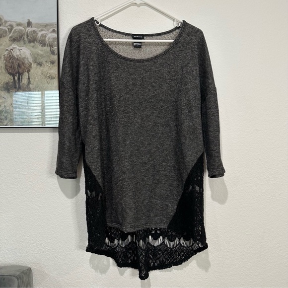 Torrid Charcoal Gray Terry Crew Neck Sweater with Black Lace Back Detail - Picture 1 of 8